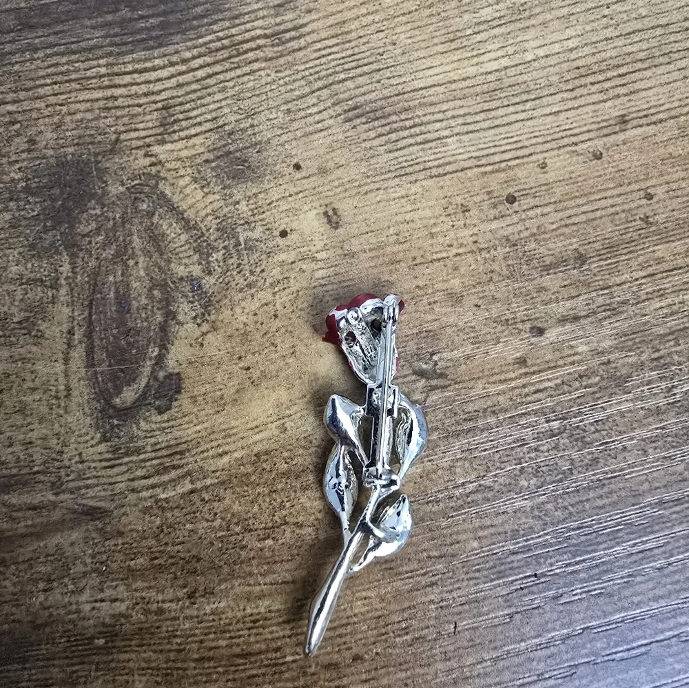 Red Rose Brooch with Gold Leaves